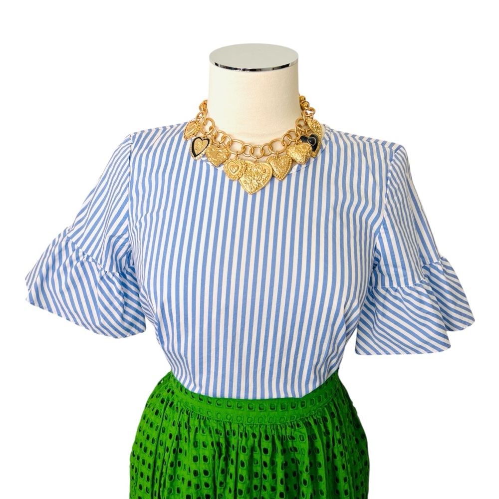 J. CREW FACTORY Women’s Blue Striped Bell Sleeve Top H3320 Cotton White Sz XS